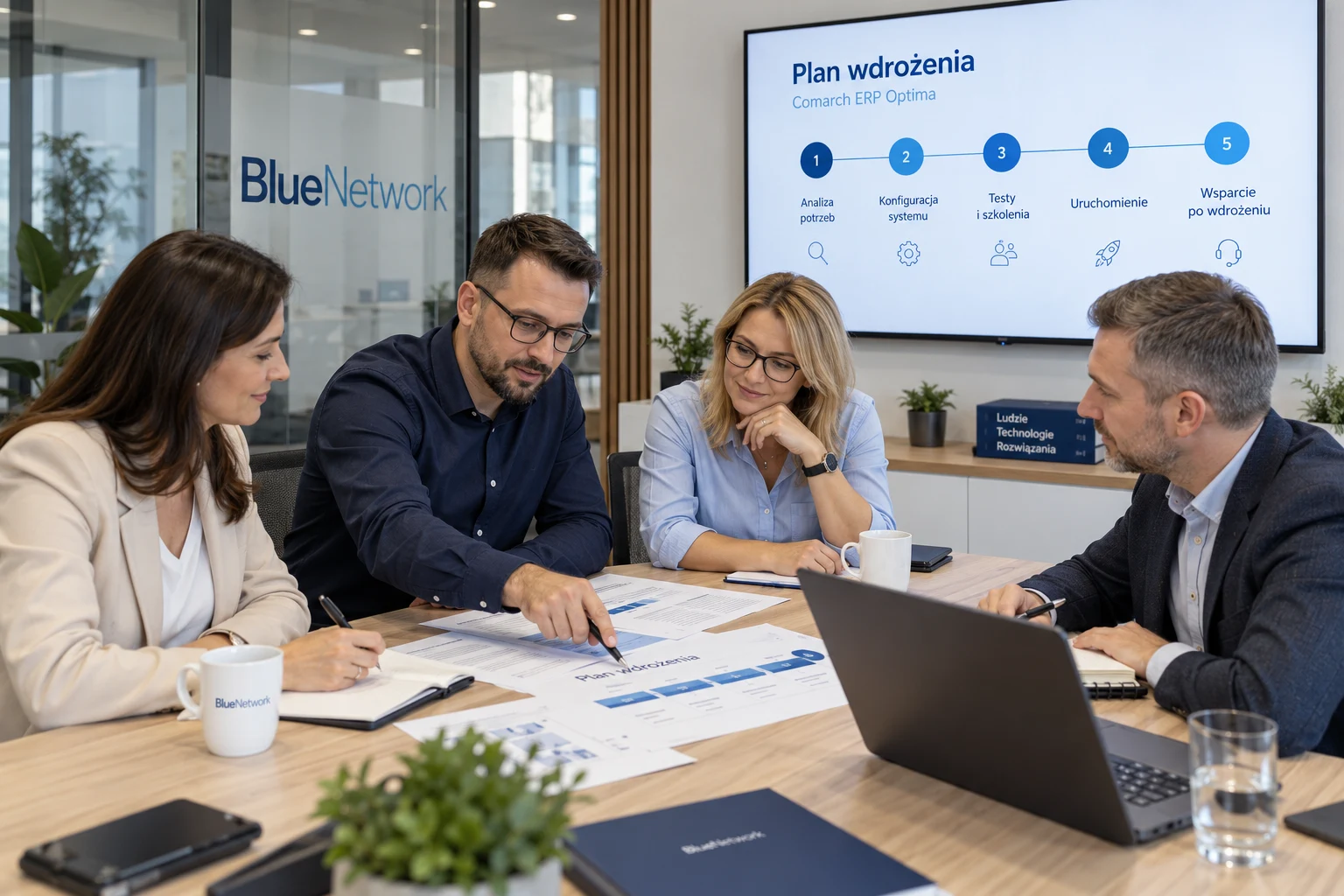 Spotkanie dotyczące planu wdrożenia Comarch ERP Optima w sali konferencyjnej BlueNetwork — wizualizacja.