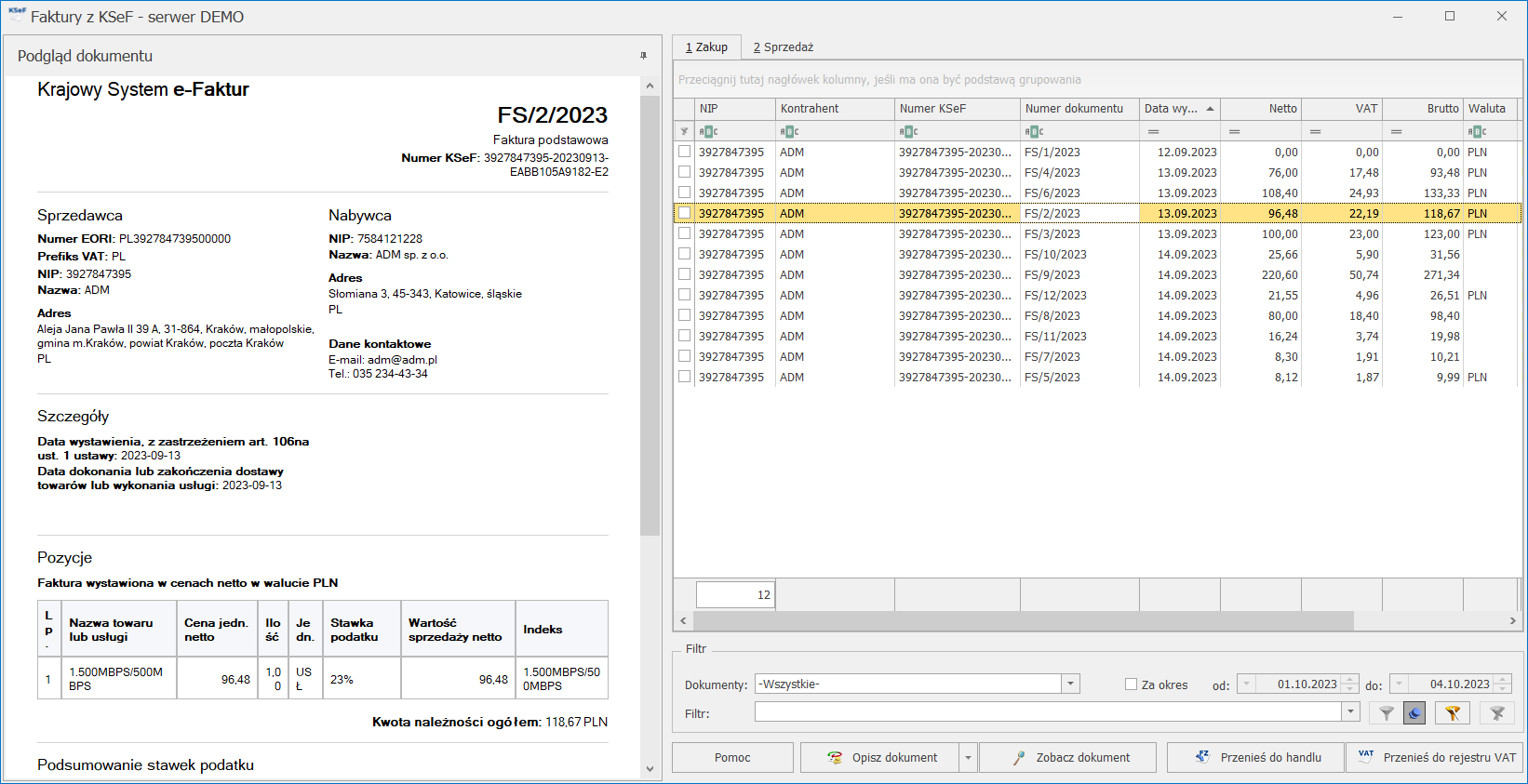 Comarch ERP Optima — lista faktur pobranych z Krajowego Systemu e-Faktur.